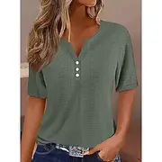 Women's T Shirt Solid Color Plain Stylish Modern Casual Short Sleeve V Neck Regular Tops Daily Weekend Eyelet Black White Pink Blue Purple Summer