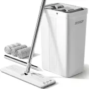 Mop and Bucket with Wringer Set, White Flat Squeeze Mop Bucket Set for Floor Cle