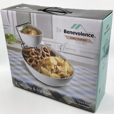 Benevolence 2-Tier Chip & Dip Server Set White Ceramic Stoneware, Metal Rack NIB