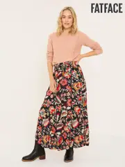 FatFace Suki Black Historical Floral Midi Skirt (E88178) | $114