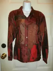 NEW NWT CHICOS TOP SZ 3 JACKET SILK PATCHWORK SATIN EMBROIDERED RED BROWNS