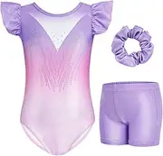 [Gogokids] Girls' 3-Piece Flutter Sleeve Gymnastics Set - Children's Gymnastics Jerseys with Colour Gradient Sequins & Glitter Design, Gymnastics Costume Set Includes Jersey, Shorts and Headband for 3