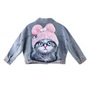 Nevenka Girls Denim Jackets Sequins Cat Decor Button Down Coat for Autumn
