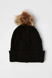 Black Faux Fur Pom Pom Beanie