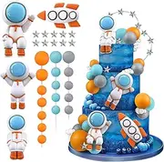 32 PCS Space Cake Toppers Ball Cake Toppers Astronaut Figurines Rocket and Stars Cake Decorations for Space Theme Party Birthday Party Baby Shower Supplies (Orange Blue Gray)