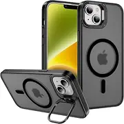for iPhone 13 Case with Metal Camera Stand [Compatible with Magsafe] Shockproof Cover Translucent Magnetic Case for iPhone 13 (Black)