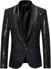 [Generic] Men's Sequins Suit Jacket Shiny Sparkly One Button Blazers Glitter Clothes Party Tuxedo Wedding Prom Festival Costume, I-black, Medium