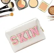 Patch Skin Varsity Letter Cosmetic Bag - PU Leather Zipper Pouch, Portable Makeup Organizer, Waterproof Toiletry Purse for Women & Teens, Travel-Ready