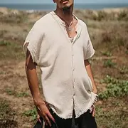 Men's Shirt Linen Shirt Casual Shirt Button Up Shirt Cotton Shirt Plain Vacation Street Black Red Army Green Beige Short Sleeve Band Collar Summer Clothing App