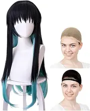 CaseEden Cosplay Wig, Muichiro Tokito, Mist Hashira, Long, Black, Light Blue, White Melce Wig Net, Set of 2