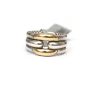New DAVID YURMAN Thoroughbred Cushion Link Two Tone Silver 18K Gold Ring Size 6