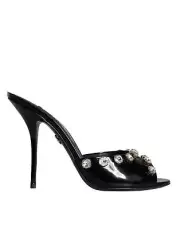 Dolce&Gabbana Women Black Sandals 100% Leather Crystal Slide Heel Shoes Sz EU 39