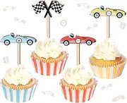 CORNER LACE 32pcs Race Car Wooden Cupcake Toppers, Racing Flag Cupcake Picks Cake Decorations Baby Shower Birthday Party Supplies