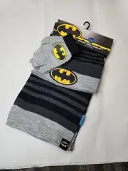 DC Comics Boys Striped Batman Knit 3 Piece Beanie Hat Scarf Gloves Set Bat Man