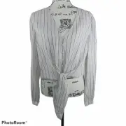 Lumiere Tie Front Button down Linen Neutral Crop Top Vacation Size L