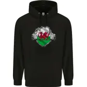 Welsh Flag St Davids Day Ripped Gym Wales Childrens Kids Hoodie