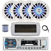 Pyle Bluetooth Marine Radio, Cover, Antenna,Wire, 4x 6.5" 180W LED White Speaker