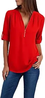 [Suhorseful] Womens Half Zip Up Shirts Chiffon Casual Long Sleeve Solid Color Blouses Office Work Golf Polo Tshirt, Red, 5X-Large