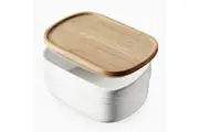 Ceramic Butter Dish, Extra Large Butter Keeper for Countertop or Fridge, Airtight Butter Holder Container with Wooden Lid, Farmhouse Kitchen Decor and Accessories, Freezer Safe, White