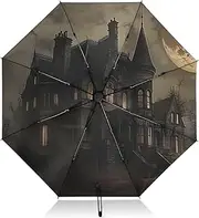 [PDZRMY] Gothic Moon House UV Protection Travel Umbrella Compact for Rain and Sun - Auto Open and Close UPF 50+ Windproof Portable 46” Sun Umbrella for Women and Men
