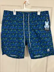 Psycho Bunny Mens Swim Trunks Large Everett Print Blue Clay Modern XL