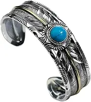 [TIZIKJ] Southwest Navajo Style Oval Cabachon, Extended Turquoise Bangle Bracelets for Men, Feather Motif, 925 Sterling Silver, One Size, Sterling Silver, 1