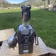 H & K STEEL SCULPTURE MOTORCYCLE BIKER GUY WINE / BOOZE BOTTLE HOLDER