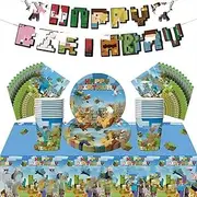 54Pcs Minecraft Party Tableware Decorations for Boys Birthday,Miner Gaming Theme Cartoon Party Decorations Table Cloth,7inch Paper Plates,Banner,Paper Napkins for Minecraft Theme Table Party Favor