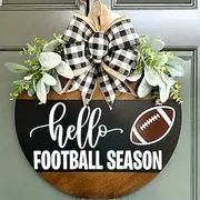 Hello Football Season Door Sign, Rustic Wooden Football Welcome Sign with Bow, Farmhouse Front Door Wreath for Fall Football Decor, Game Day Party Decoration