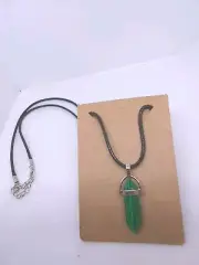 Malachite Healing Crystal Point Necklace Silver tone Leather Necklace 22" Cord