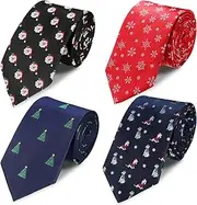 [Syhood] 4 Pieces Christmas Tie Holiday Tie for Men Xmas Tree Snowflake Christmas Elk Santa Light String Pattern Necktie