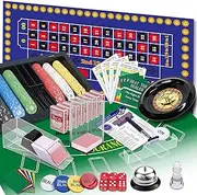 5 in 1 Super Casino Game Set: Blackjack/Roulette/Craps/Texas Hold'em/Poker Kit with Card Shoe+Discard Card Tray+360 Chip+8 Deck Card+Roulette Wheel+2 Felt+Stratedgy Card+Chip Rake, Casino Poker Set