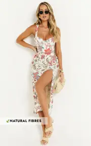 Drew Midi Dress - Linen Cross Back Bustier Dress in Summer Chintz