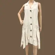 FOR CYNTHIA Linen Blend Shark Bite Hem Shirt Dress Patch Rutched Pockets Sz S