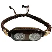 St Benedict Handmade Bracelet Knotted Rope Wood Pendant Brown Adjustable Saint