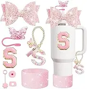 XIANGYUAN 8PCS Stanley Cup Accessories Set for Stanley Cup 30oz 40oz Tumbler with Handle,Including Straw Topper Cover Cap and Boot,Spill Proof Stopper,Handle Charm,Initials Sticker (Pink S)