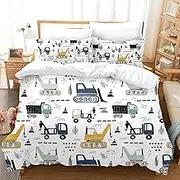 Children's Bed Linen 135 x 200 cm Digger Tractor Cars Motif Duvet Cover 3D Print Cartoon Digger Bedding Set for Boys Girls with Pillowcase (A-1, 200 x 200 cm)