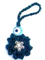 Handmade Crochet Sparkling Blue Flower Key Ring Charm W/Evil Eye & Crystal Beads