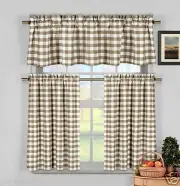 Linen/Beige Farmhouse Gingham Checkered Plaid Kitchen Tier Curtain Valance Set