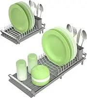 Ken's Kitchen Expandable Dish Rack, Dish Drying Rack,Multifunctional Compact Dish Drainer for Kitchen Counter,Anti Rust Plate Rack with Removable Cutlery Holder