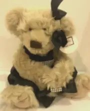 floral audrey Teddy bear plush in black dress with bow in head 12”