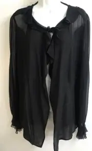 Chanel Blouse Black Sheer Silk Long Sleeve Tie Neck Open Front Vintage NWT 8