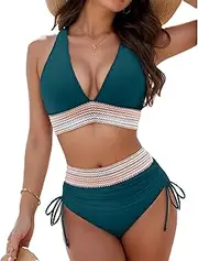 [HUTRADE] Bikini Women's Set Sexy Swimsuit Swimwear High Waist Colour Block Two Piece Drawstring Swimsuits Bikini for Women 2025 Summer, Dark Green, S