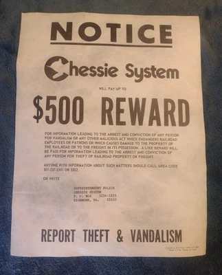 Railroad Vandalism And Property Poster From The Chessie System Hand Stamped...