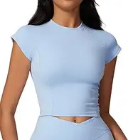 [FUNSEED] Women's Baselayers Casual Tight Short Sleeve Fitness Sports Underwear Top, Light Blue, L