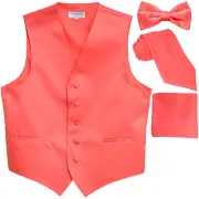 New Men's solid Tuxedo Vest Waistcoat & necktie & Bow tie & Hankie coral wedding