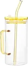 STOBAZA 1Set Square Glass Cup with Handle Straw Creative Design for Juicing Iced Coffee Transparent Drinking Glass Present for Home Party Use