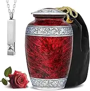Large Handcrafted Urn for Ashes Adult Male – Red Marble Finish Metal Urn for Ashes for Women with Memorial Necklace | Elegant Burial & Cremation Urns for Human Ashes | Decorative Funeral Urns - 220lbs