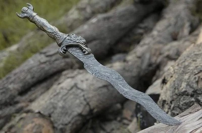 Handmade Damascus Steel Kris Dagger Knife Wavy Blade, Dragon Handle