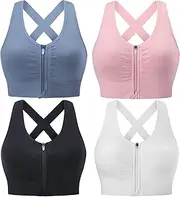 [Evercute] Zip Front Post-Surgery Bra Women's Wireless Sports Bras Padded Strappy Medium Support Yoga Exercise Athletic Bras